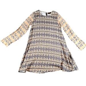 Bel Kazan Anthropologie Swing Dress Womens L Beige Black Boho Bali Rayon Tribal